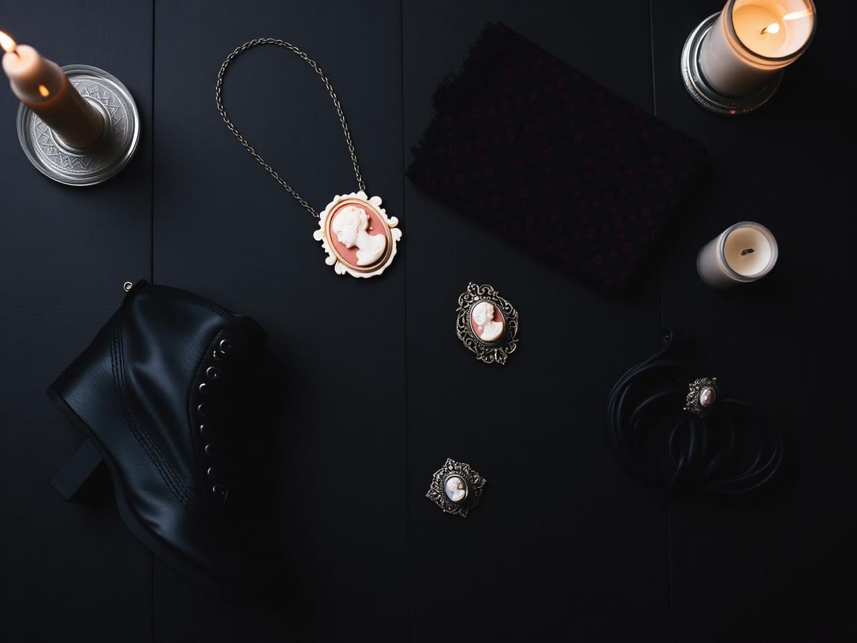 A flat lay capsule of gothic accessories: cameo necklace, black lace-up ankle boot, patterned scarf, filigree ring, and a hair ribbon with a small cameo.