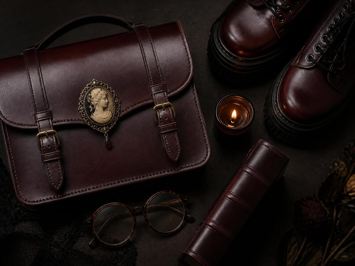 A flatlay comparing signature pieces from three aesthetics: a cameo brooch and lace, a leather satchel with glasses and old books, and neon cyberlox with a platform boot.