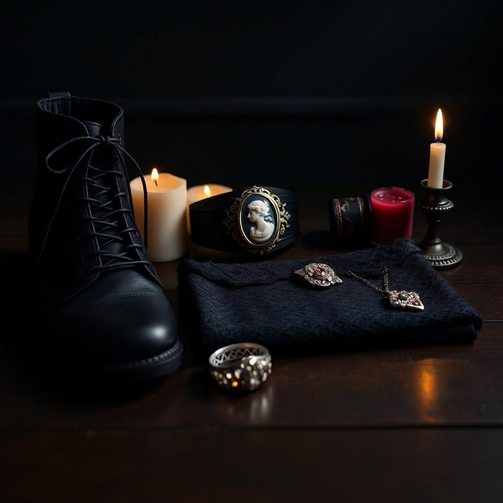 A pair of black lace-up ankle boots, a velvet cameo choker, and an ornate ring arranged by candlelight on dark wood.