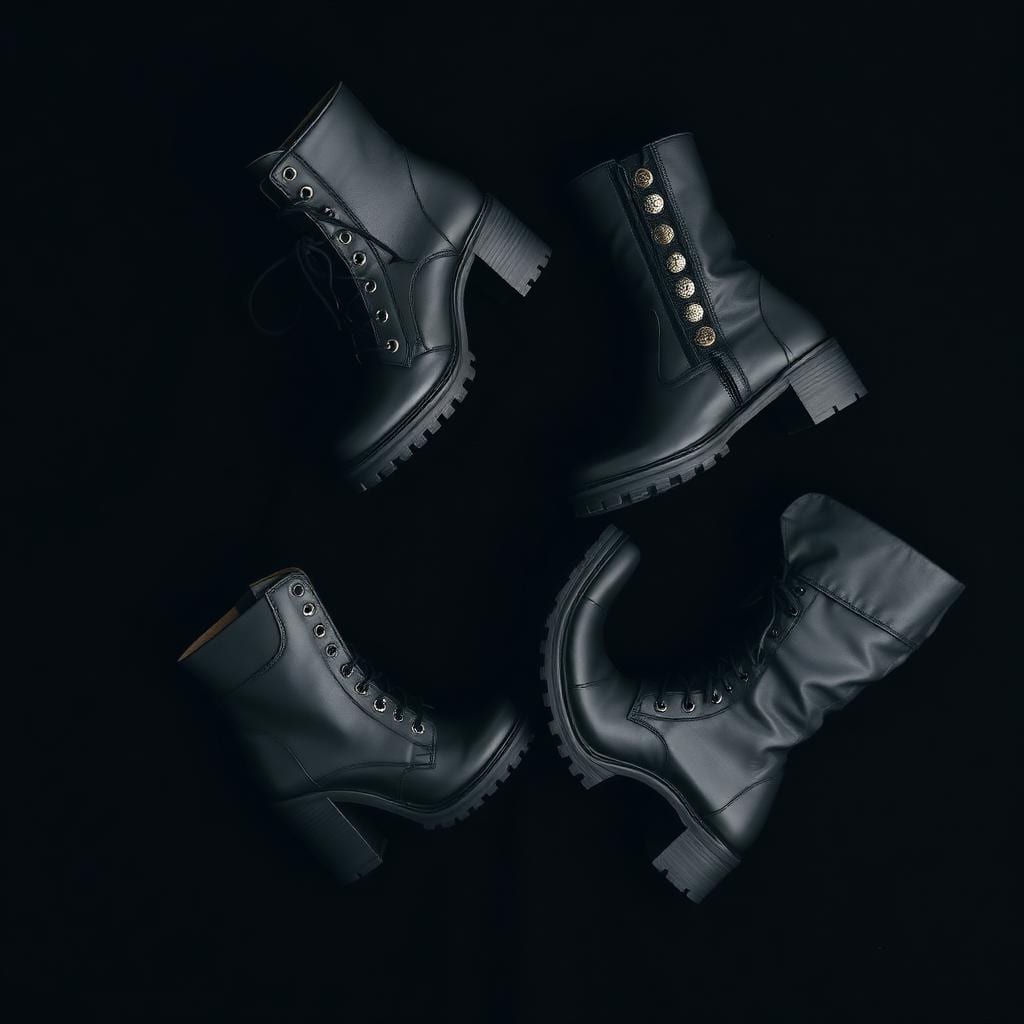 Four gothic boot styles arranged on dark velvet: lace-up ankle, platform, Victorian button, and knee-high lace-up.