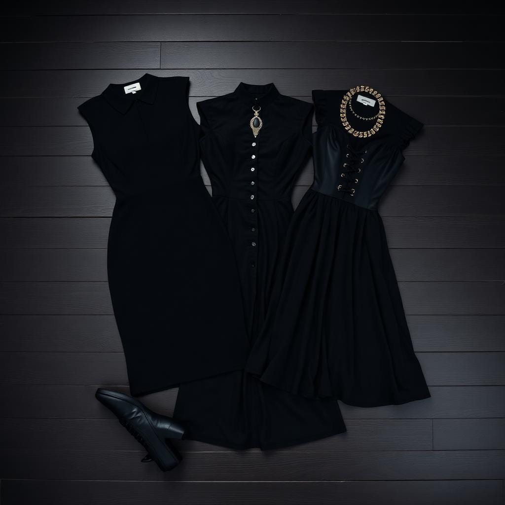 Three black dresses laid on dark wood: a fitted midi, a button-front high-collar dress, and a corset-detail A-line, with a black leather boot and a cameo necklace.