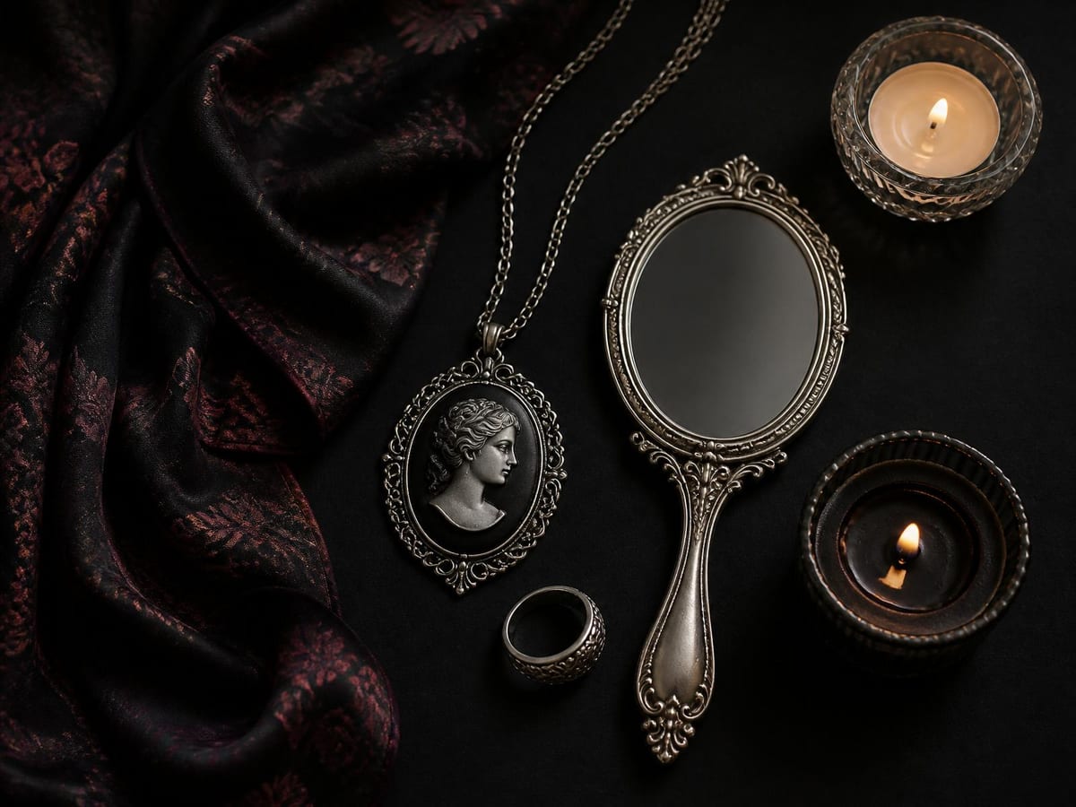 A flat lay of affordable gothic gifts on dark wood: cameo necklace, filigree ring, ornate mirror, black candle, a gothic novel, and a patterned scarf.