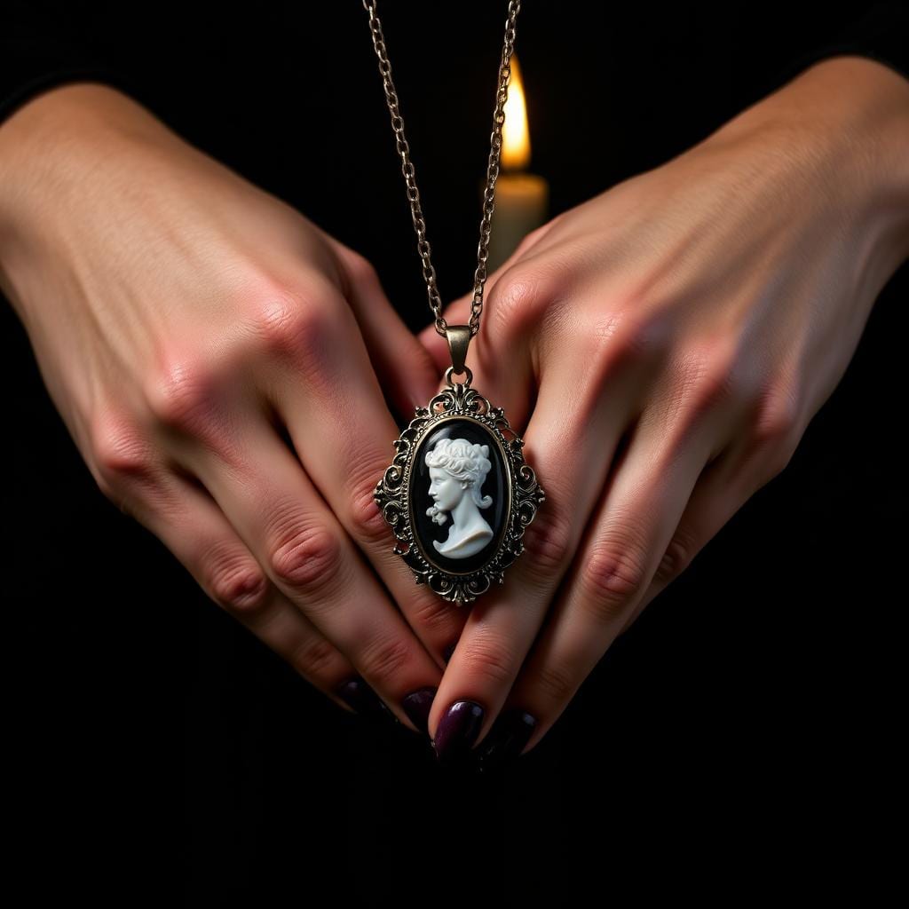 Hands cradling an ornate silver-framed cameo pendant by candlelight against a dark background.