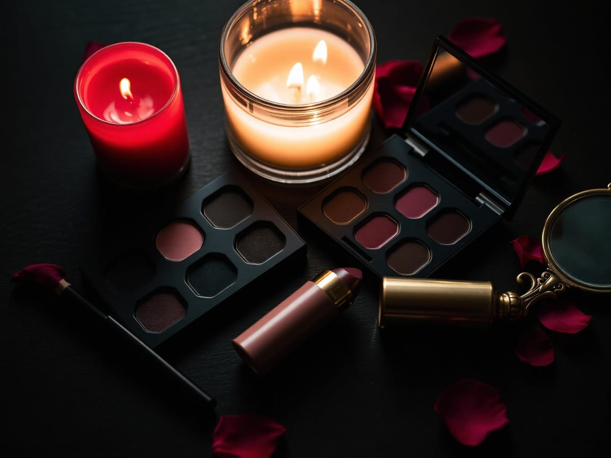 A candlelit flat lay of gothic makeup essentials: dark eyeshadow palette, black eyeliner, burgundy lipstick, and an ornate hand mirror.